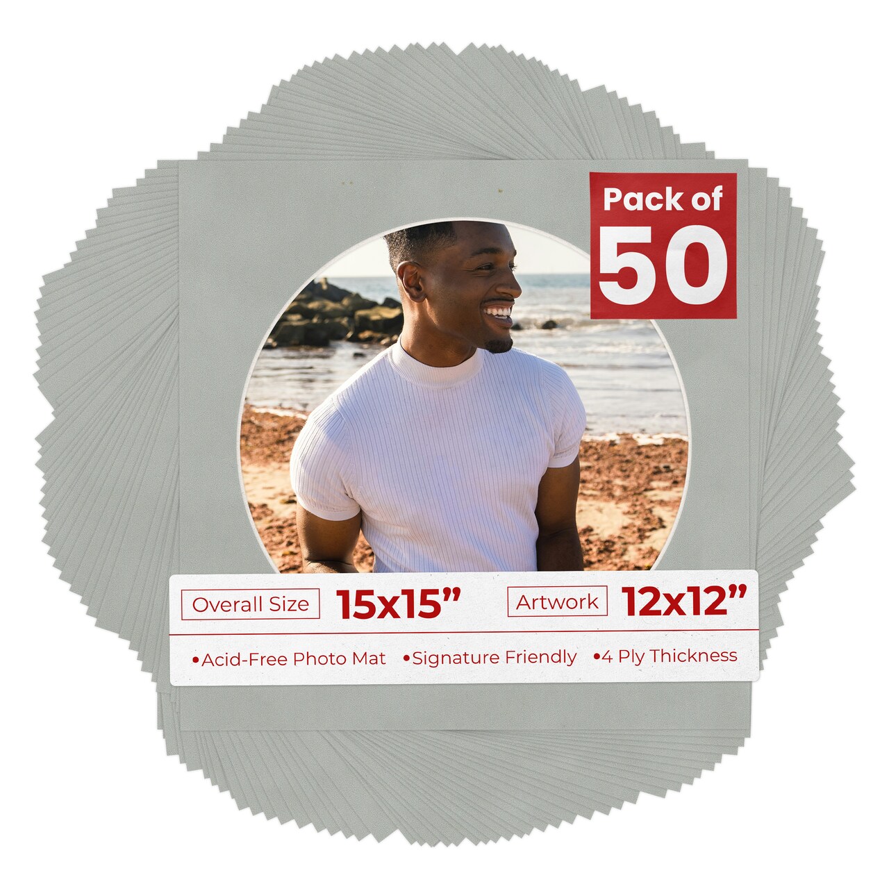 Light Grey Suede Mat Board for 15x15 Frames - Circle Opening for 12x12 Photos